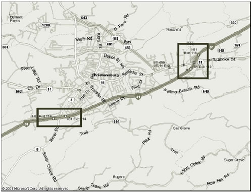 Figure 16 displays map of I-81, exits 118 (test) and 114 (control. Scale is ~1 inch = 1.5 mile.