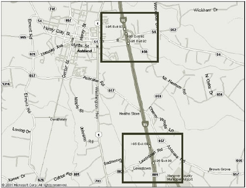Figure 25 displays map of I-95, exits 92 (test) and 89 (control). Scal is ~ 1 inch = 1 mile.