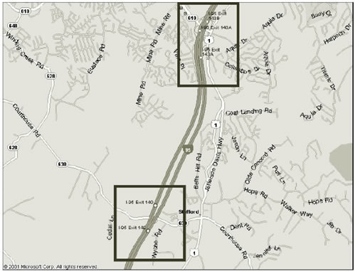 Figure 31 displays map of I-95, exits 143 (test) and 140 (control). Scale is ~ 1 inch = 1 mile.