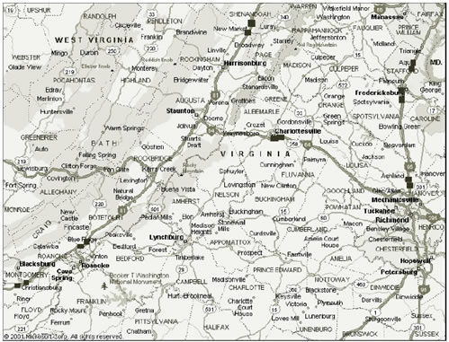 Figure 9 displays map showing all of the test and control sites (rectangles). Scale is ~1 inch = 40 miles.