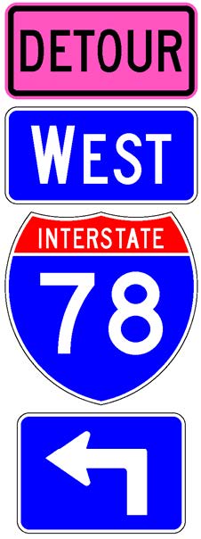 A sign assembly comprised of a white-on-blue directional arrow auxiliary sign above which is a full color Interstate route shield sign above which is a white-on-blue cardinal direction auxiliary sign above which is a supplemental plaque with the legend "Detour" in black letters on a fluorescent pink background.