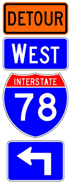 A sign assembly comprised of a white-on-blue directional arrow auxiliary sign above which is a full color Interstate route shield sign above which is a white-on-blue cardinal direction auxiliary sign above which is a supplemental plaque with the legend "Detour" in black letters on an orange background.