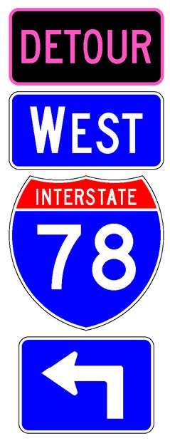 A sign assembly comprised of a white-on-blue directional arrow auxiliary sign above which is a full color Interstate route shield sign above which is a white-on-blue cardinal direction auxiliary sign above which is a supplemental plaque with the legend "Detour" in fluorescent pink letters on a black background.