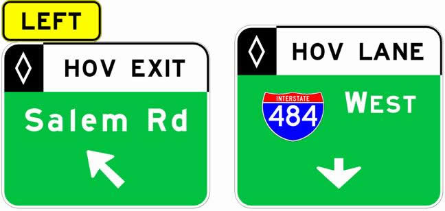 Figure 2. Example of Exit Direction and Pull-Through Guide signs at a direct exit from a preferential lane.